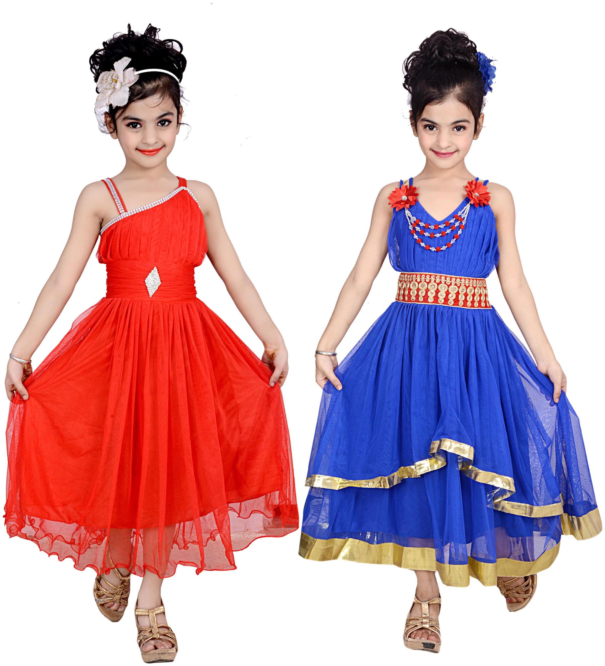 

KBKIDSWEAR Red Net Sleeveless Above Knee Princess Frock ( Pack of 2 )