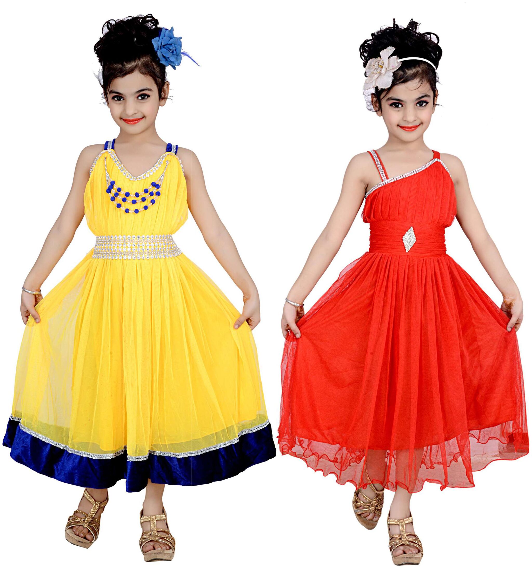 

KBKIDSWEAR Yellow Net Sleeveless Above Knee Princess Frock ( Pack of 2 )
