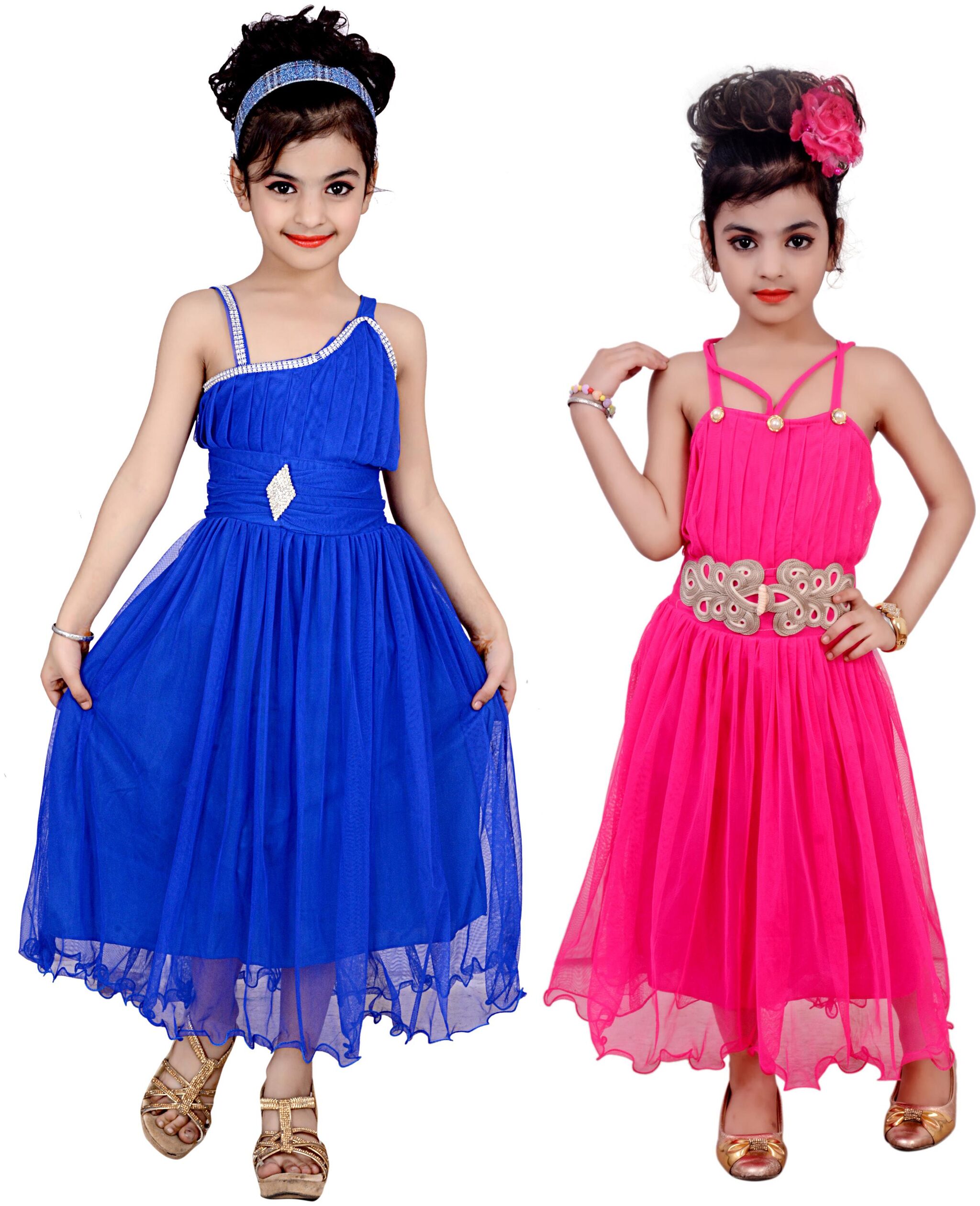 

KBKIDSWEAR Blue Net Sleeveless Above Knee Princess Frock ( Pack of 2 )