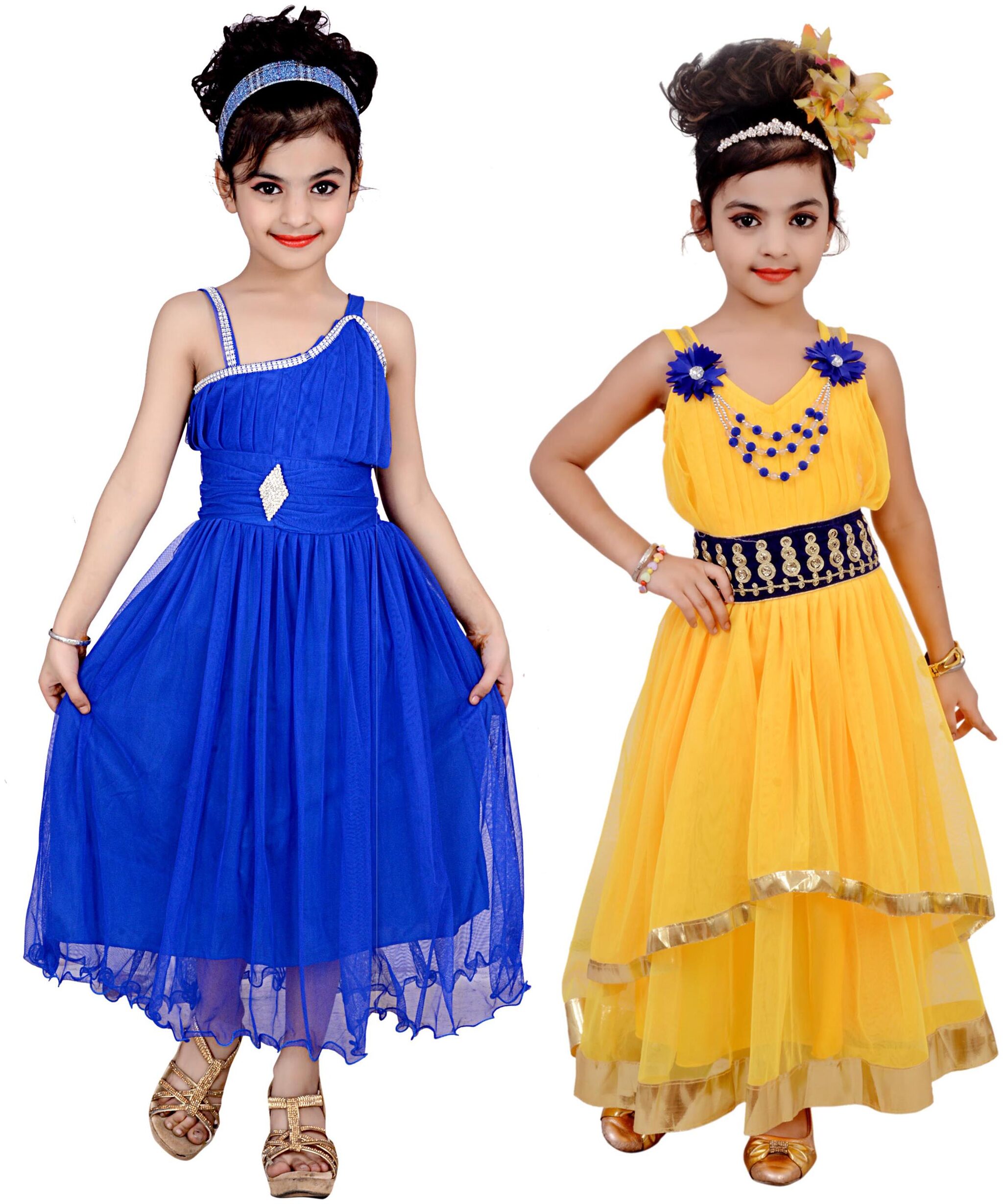 

KBKIDSWEAR Blue Net Sleeveless Above Knee Princess Frock ( Pack of 2 )