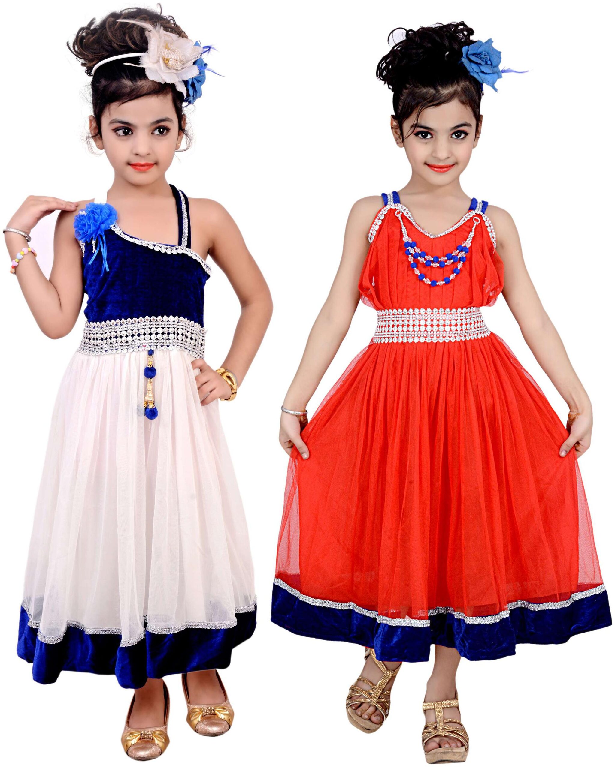 

KBKIDSWEAR Blue Net Sleeveless Above Knee Princess Frock ( Pack of 2 )
