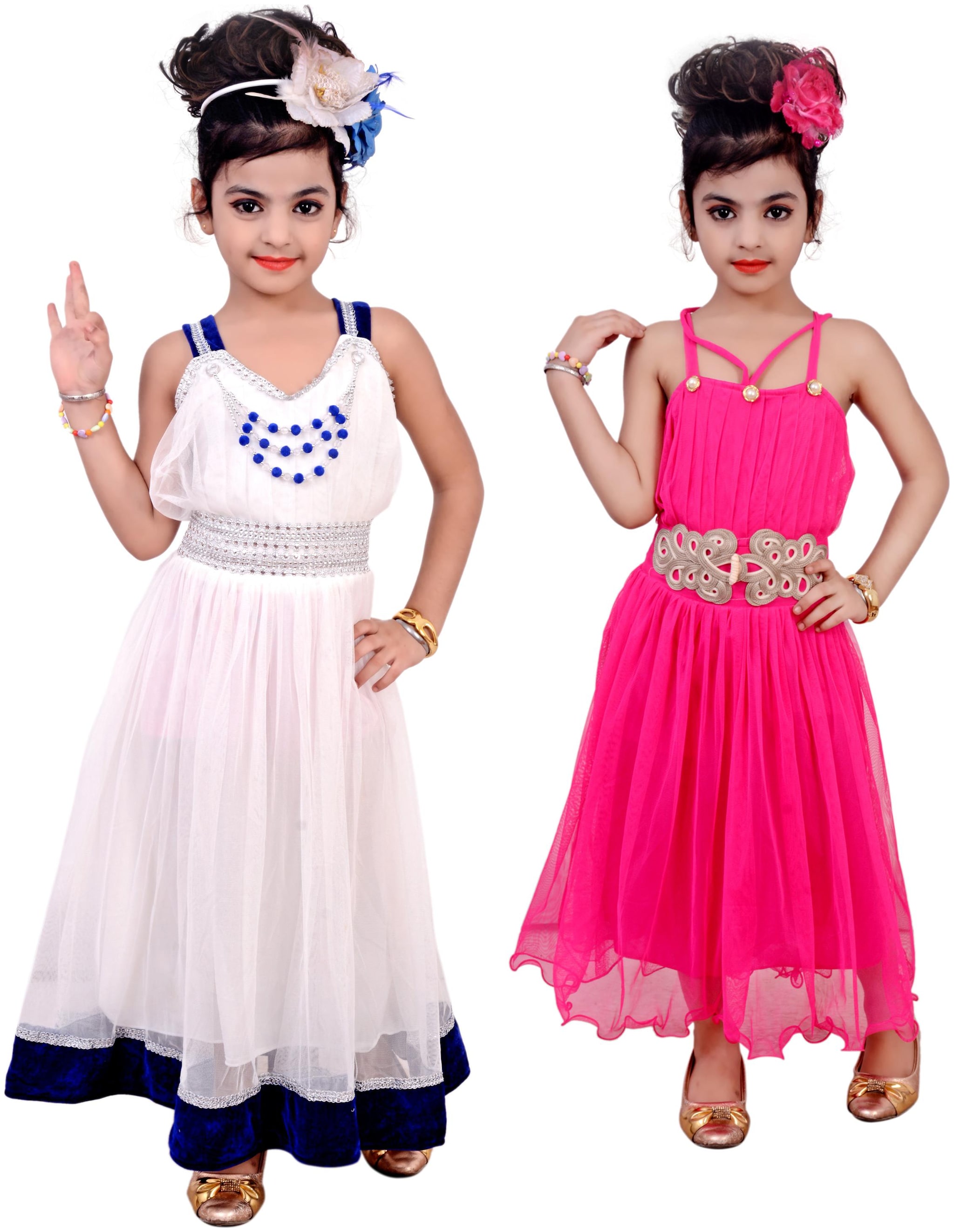 

KBKIDSWEAR White Net Sleeveless Above Knee Princess Frock ( Pack of 2 )