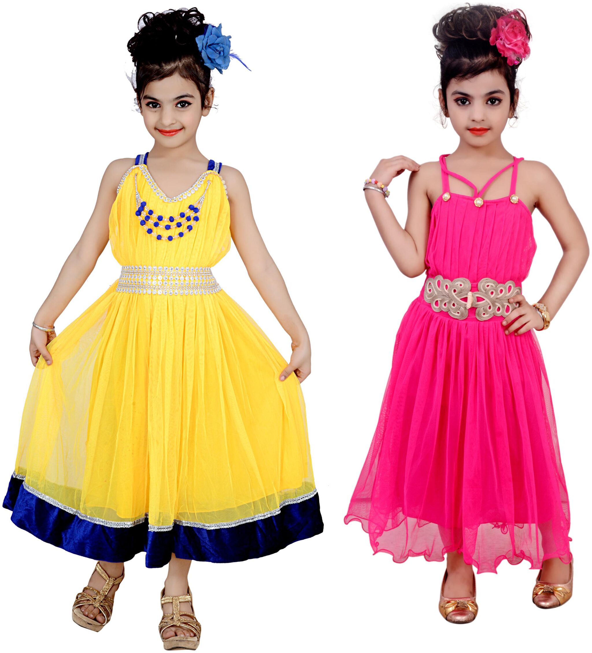 

KBKIDSWEAR Yellow Net Sleeveless Above Knee Princess Frock ( Pack of 2 )