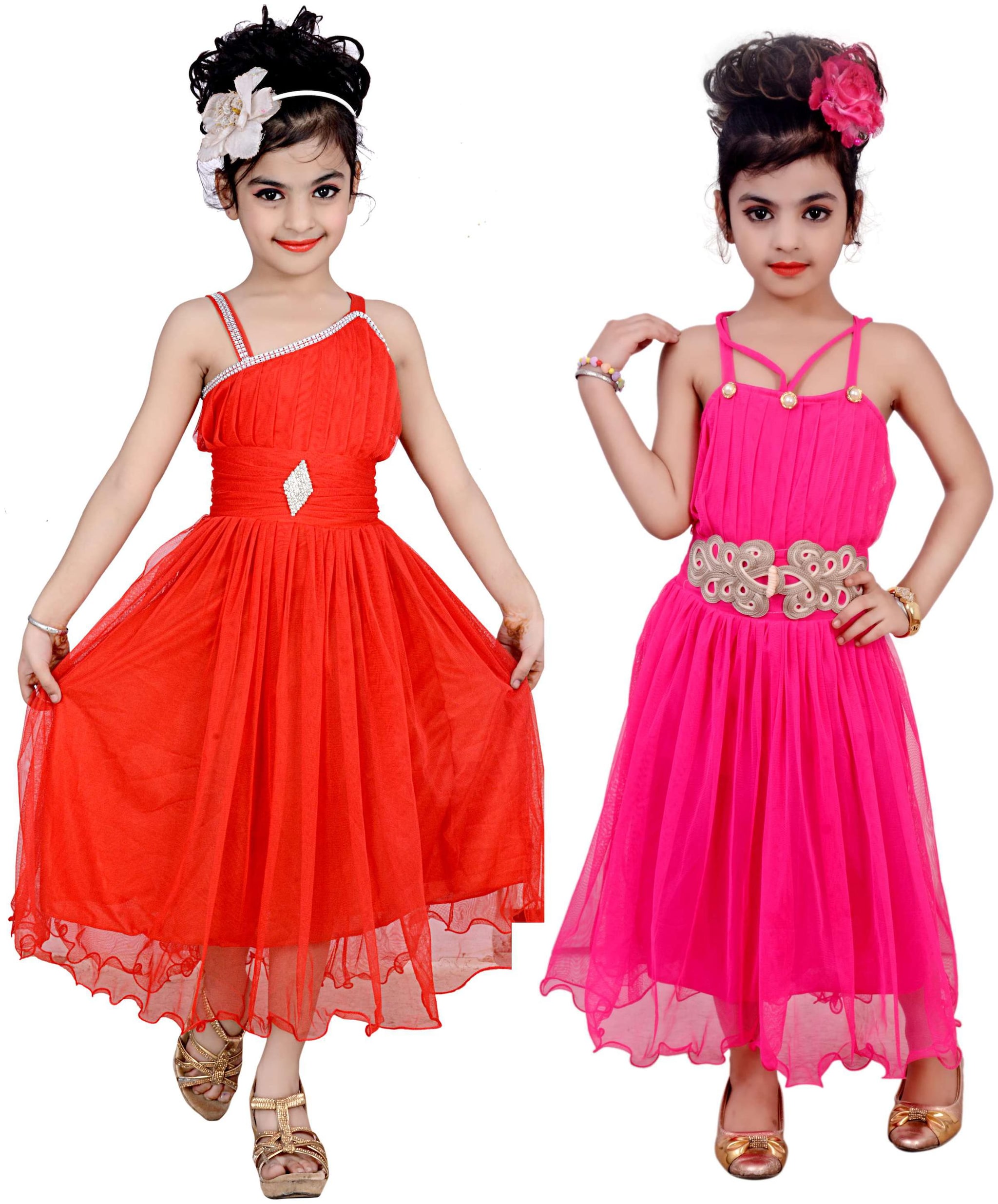 

KBKIDSWEAR Red Net Sleeveless Above Knee Princess Frock ( Pack of 2 )