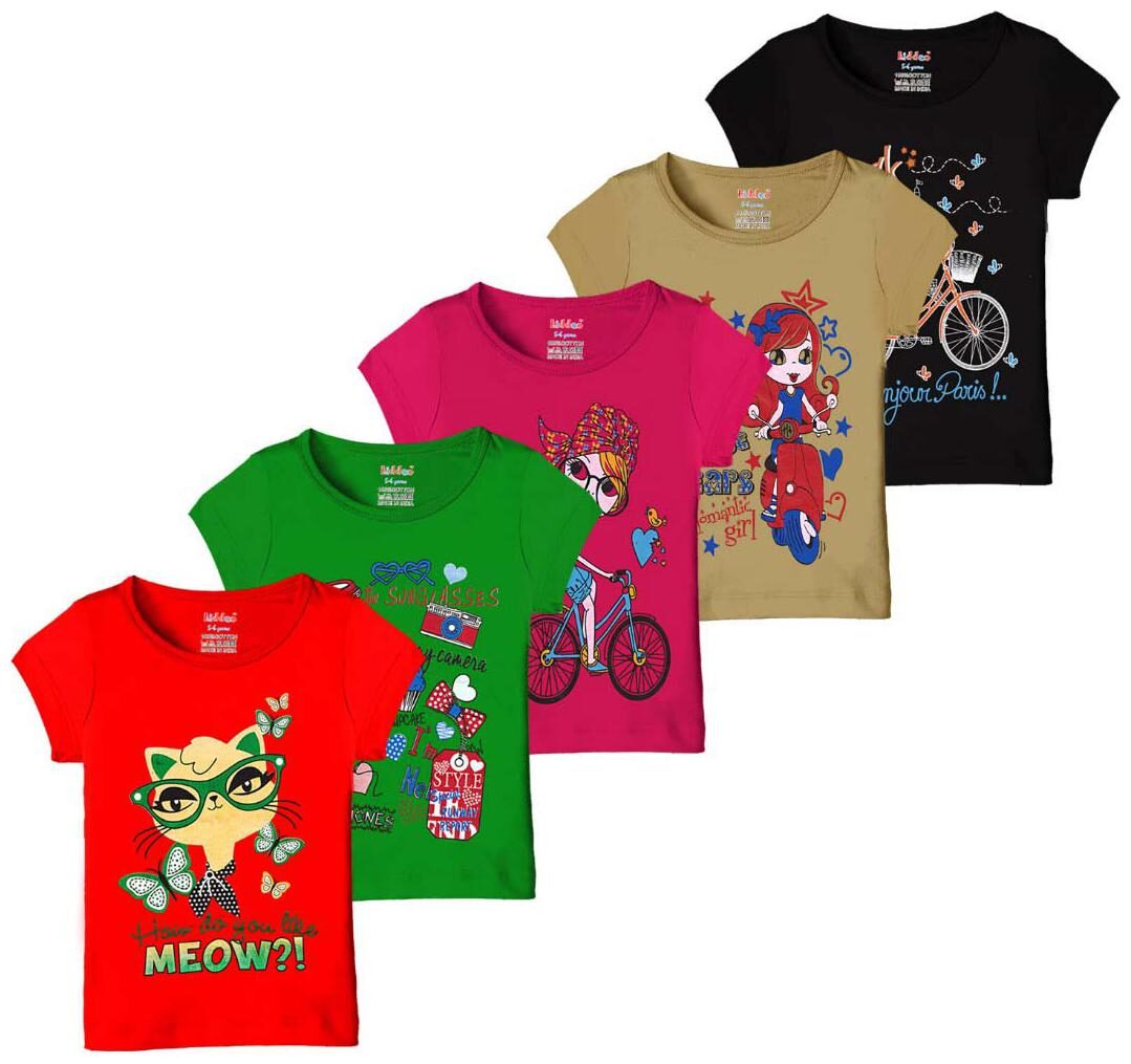 

Kiddeo Half sleeve Round neck Multi Colour Casual 100 Cotton T Shirt For Girls