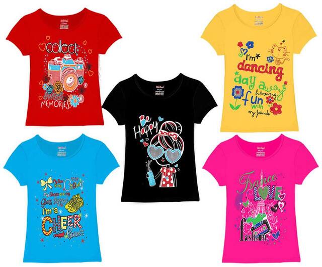 Kiddeo Half Sleeve Round Neck Multi Colour Casual 100% Cotton T Shirt For Girls
