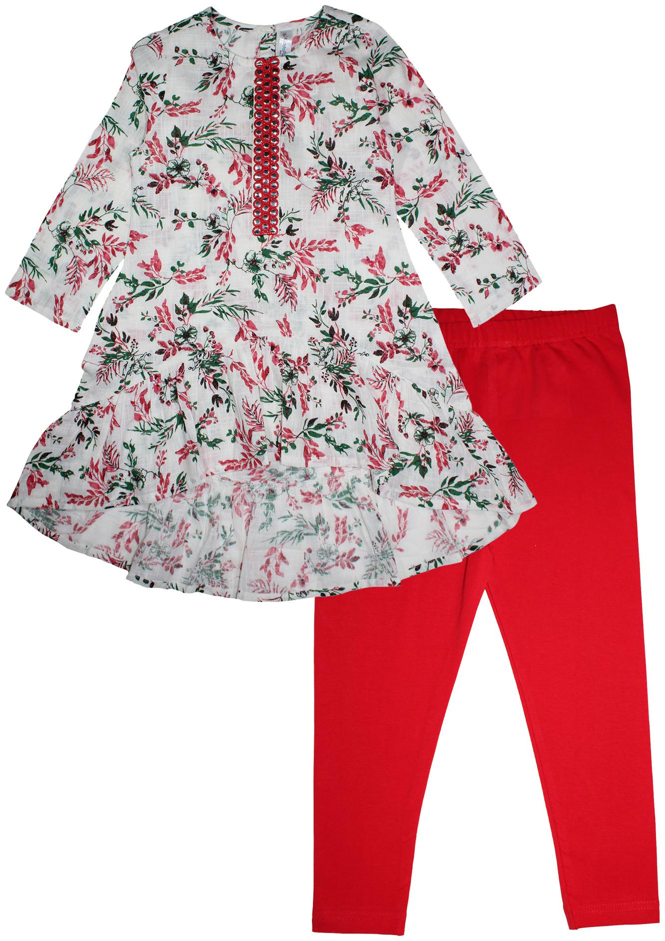 

KiddoPanti Girl s Cotton Floral Full sleeves Kurti salwar set - White Red