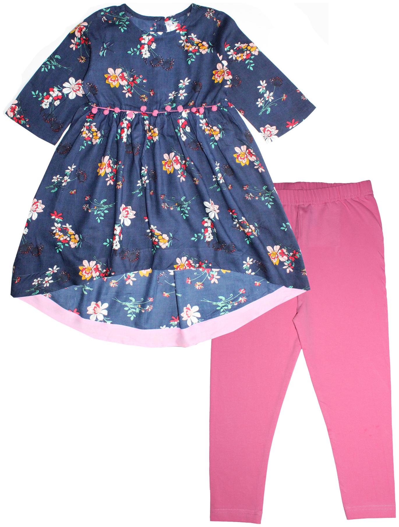 

KiddoPanti Girl s Cotton Floral 3 4th sleeves Kurti salwar set - Blue Pink