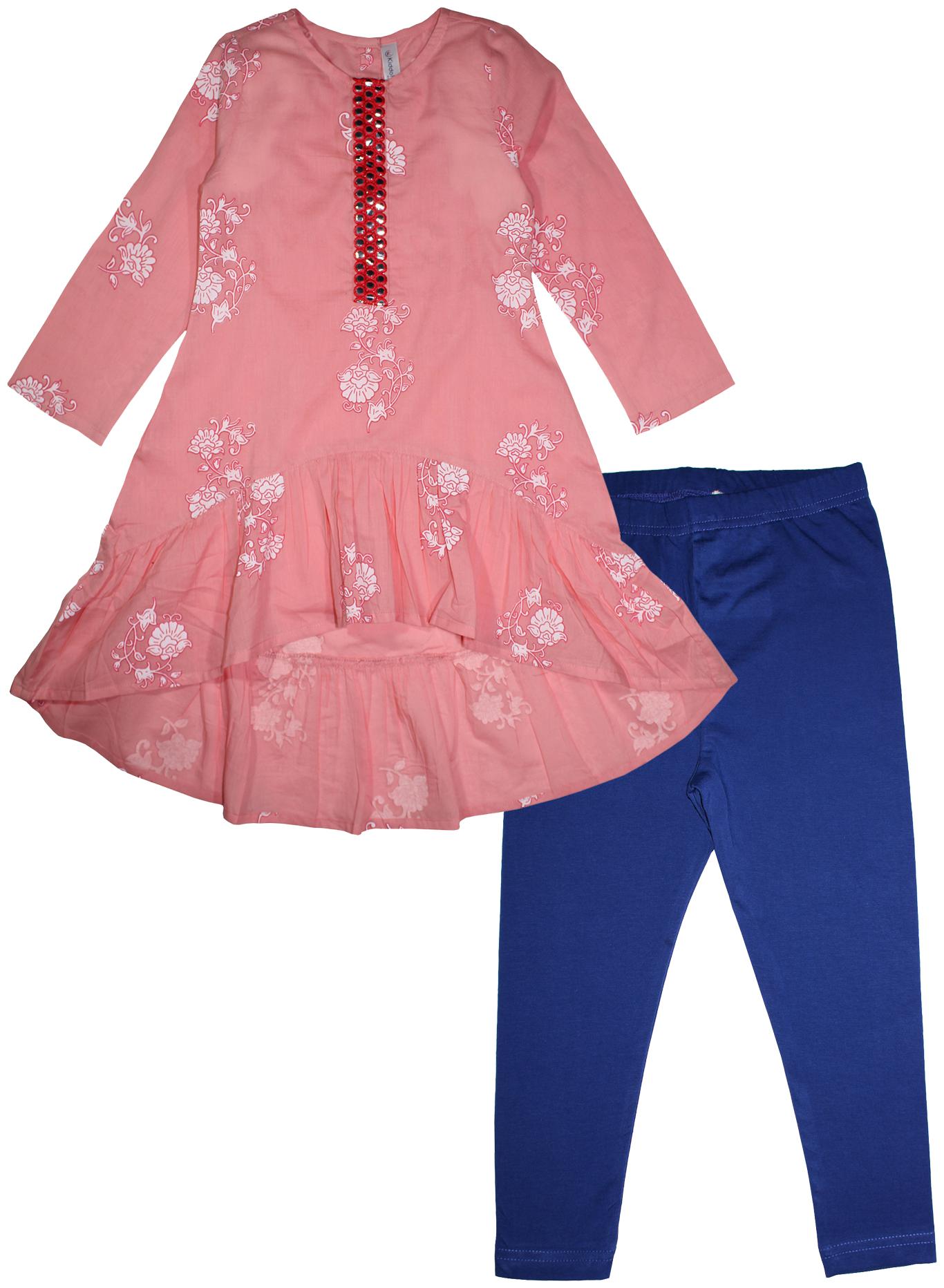 

KiddoPanti Girl s Cotton Floral Full sleeves Kurti salwar set - Pink Blue