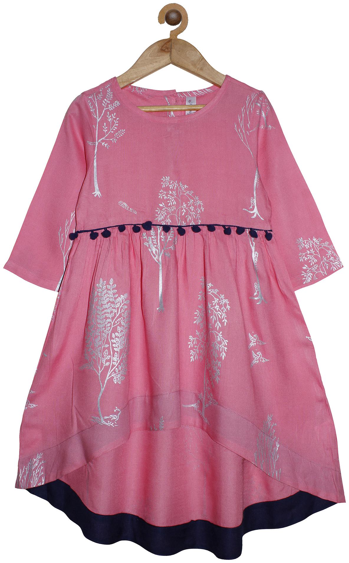 

KiddoPanti Girl s Cotton Printed 3 4th sleeves Kurta kurti - Pink