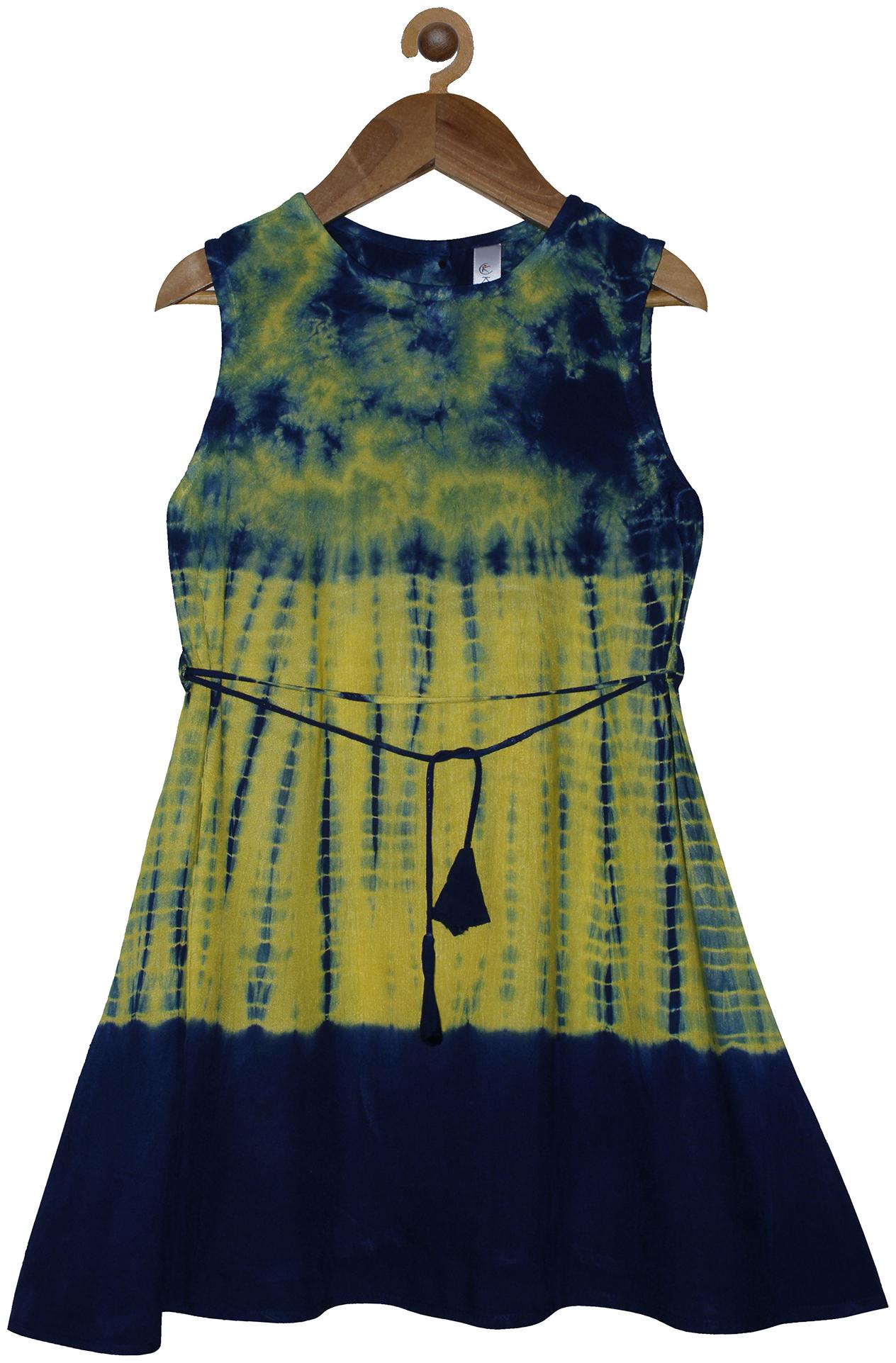 

KiddoPanti Yellow Blue Rayon Sleeveless Knee Length Princess Frock ( Pack of 1 )