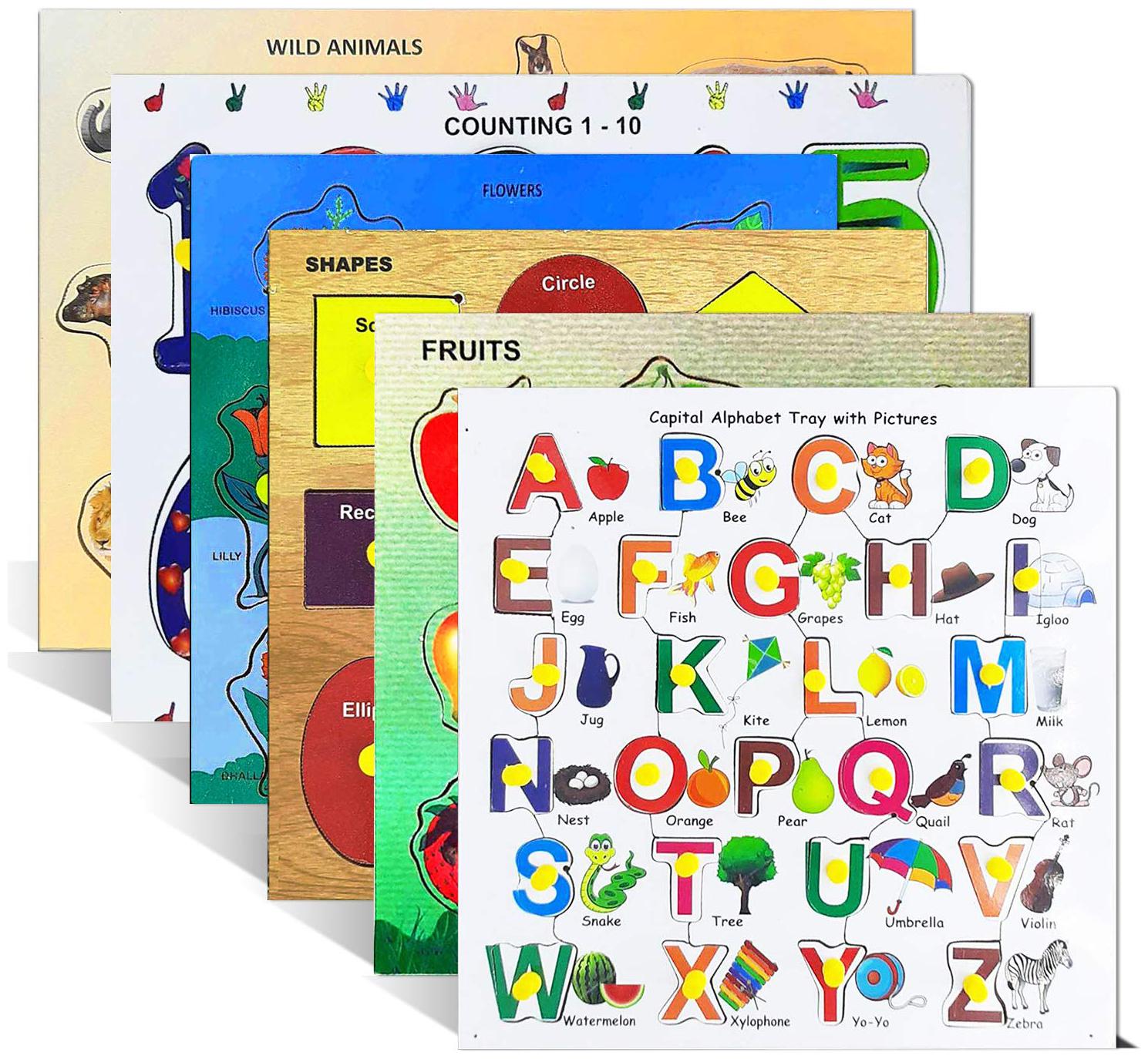 

Kids Mandi Wooden Colorful Learning Educational Puzzle Board for Kids Pack of 6 Puzzle Board Includes Alphabet Numbers Flower Fruits Shape and Wild Animals-Multicolor