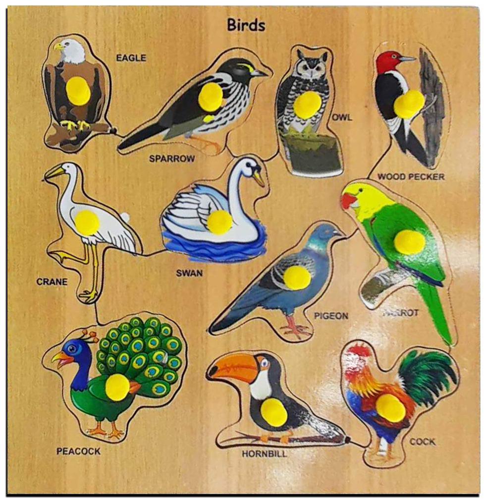 

Kids Mandi Wooden Puzzle with Knobs Educational Learning Wooden Board Tray (Birds) with Birds Name and Picture Wooden Puzzle Board for Kids Children Boys Girls