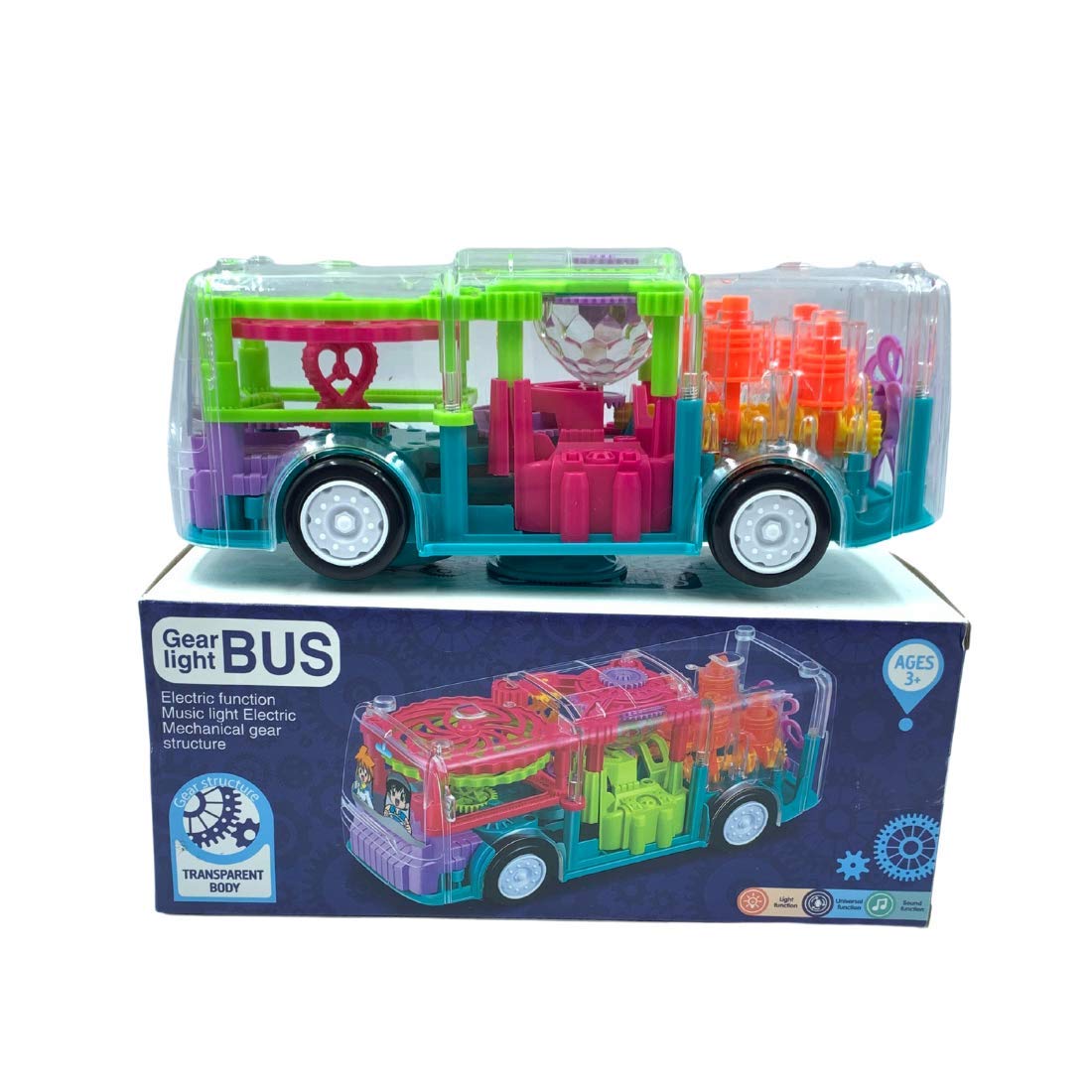 

KTRS Enterprise Musical Bus Toy for Kids Definition 3D Bus Toy with 360 Degree Rotation Gear Transparent Bus Toy for Boys Kids with Light Sound Effects