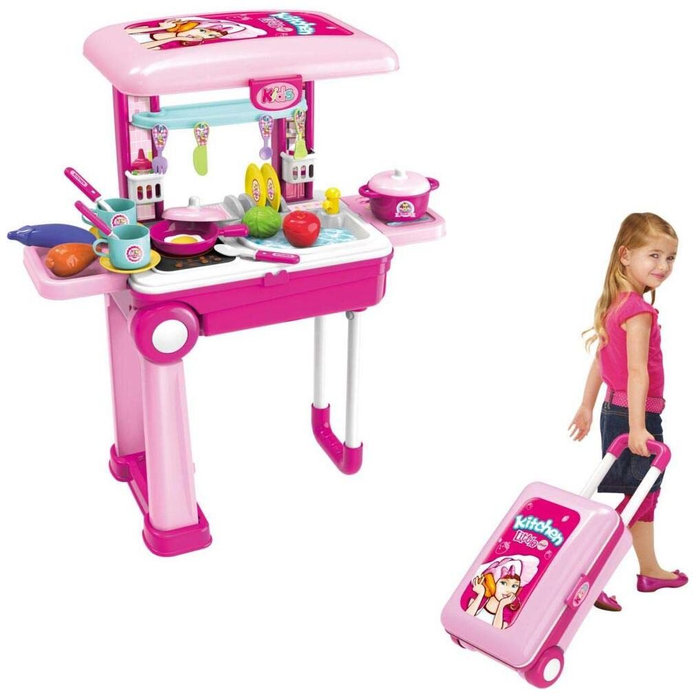 

KTRS Little Chef 2 in 1 Kitchen Play Set Pretend Play Luggage Kitchen Kit for Kids with Suitcase Trolley Multi Color with Lights Sound