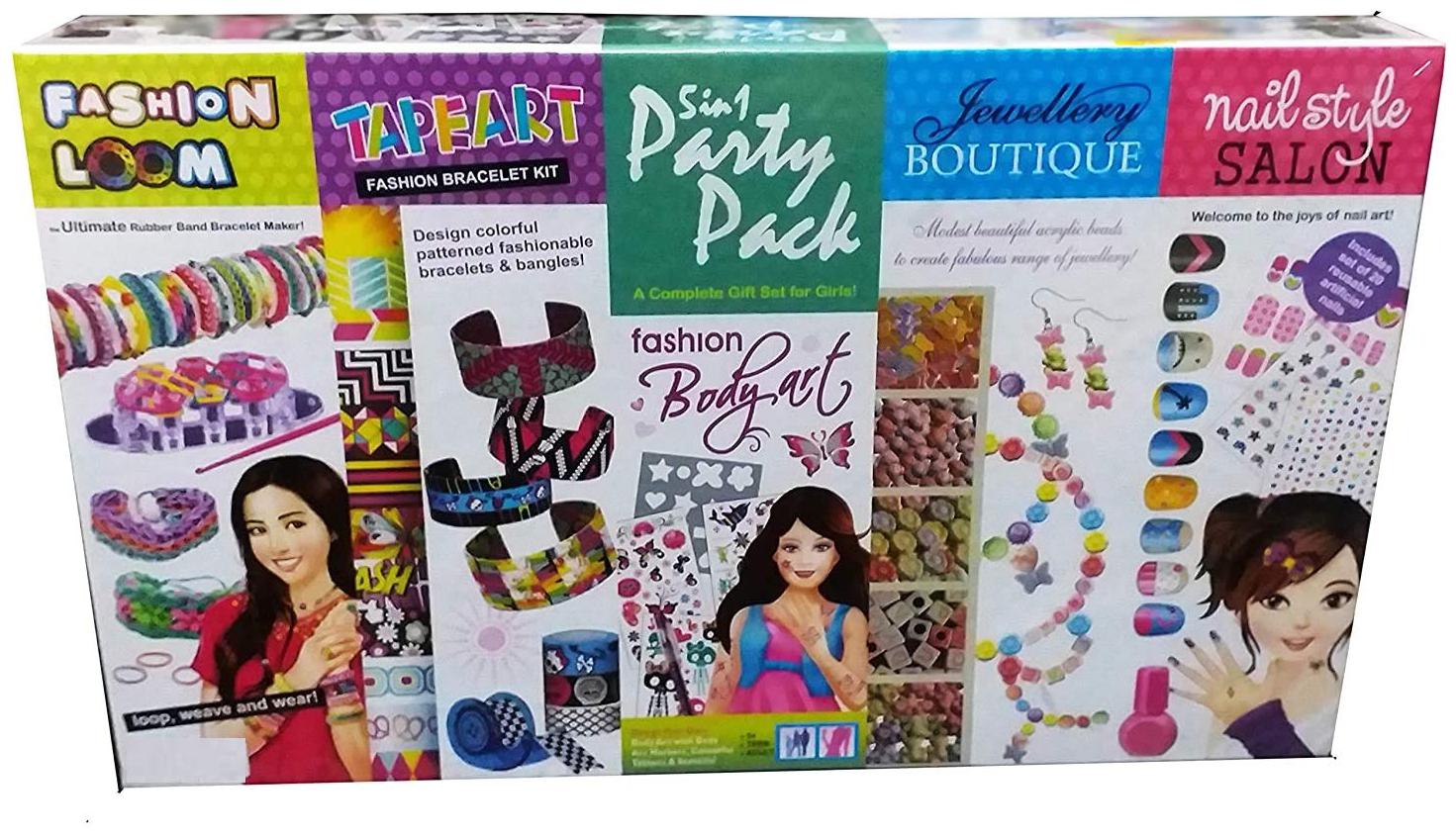 

LITTLE CHEEKS 5 in 1 Party Pack - A Complete Gift Set for Girls Buy Online with Rubber Bands and Patterned Bracelet Maker Fashion Bodyart Jewellery Boutique and Nail Style Salon