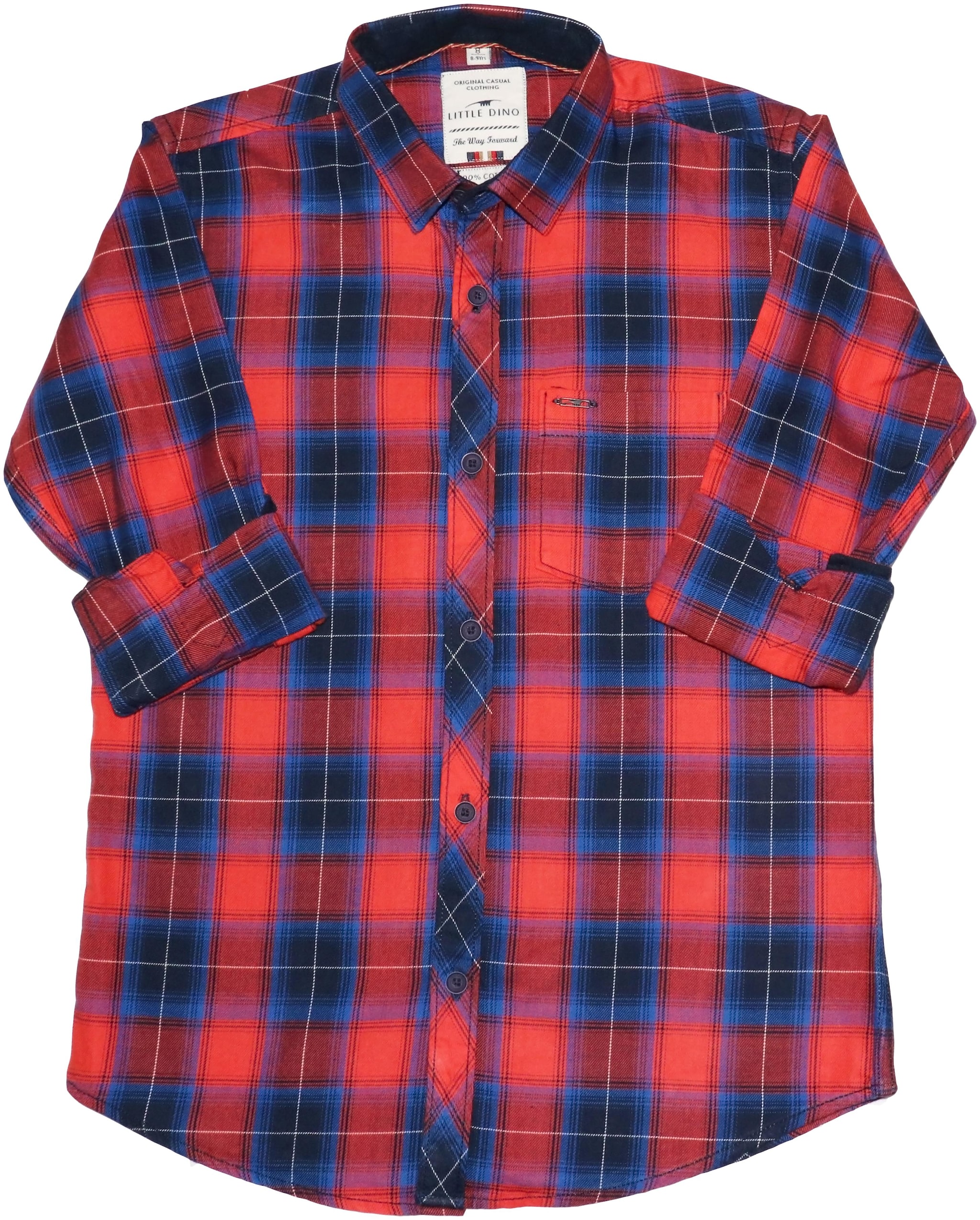 

LITTLE DINO Boy Cotton Checked Shirt Orange Blue