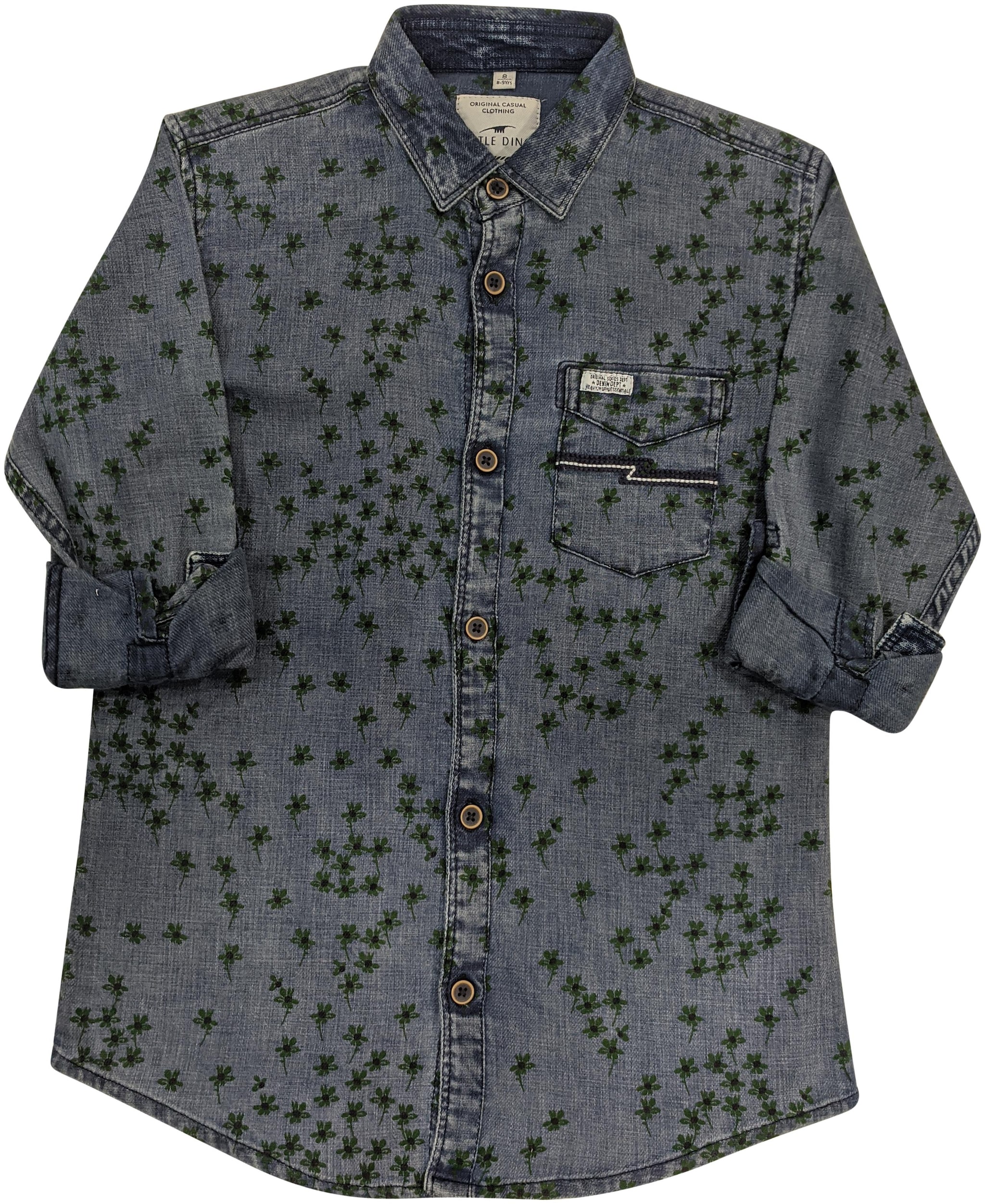 

LITTLE DINO Boy Denim Printed Shirt Green