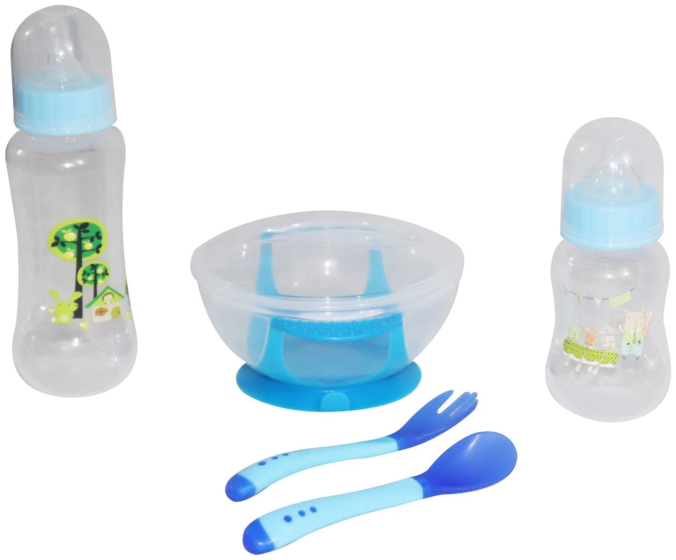 

Mopi high grade quality Dr jym baby feeder bottle combo set 2 baby feeder bottle 1 bowl with fork and spoon 1 bottle clener brush pack of 6 (blue ) - 250 ml (Blue)