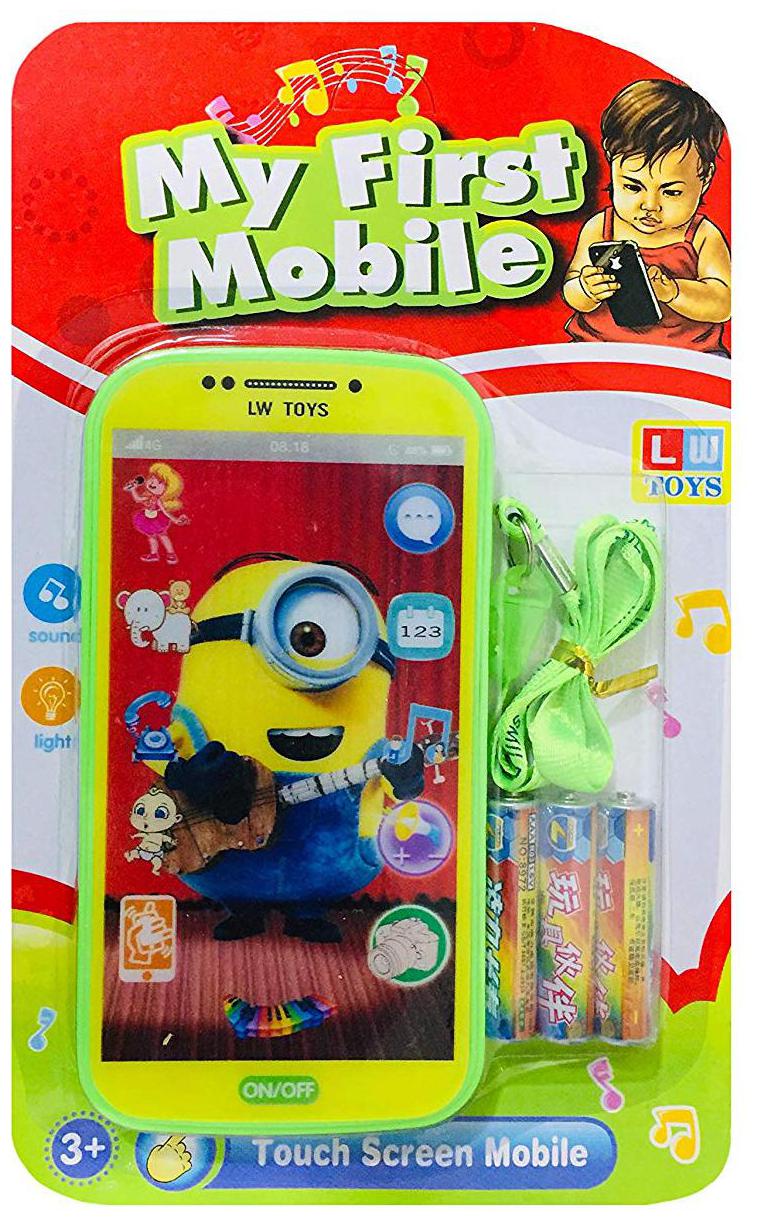 

My First Touch Screen Mobile with Light and Sound Effect A Neck Holder and A Meenion Charactor On Screen