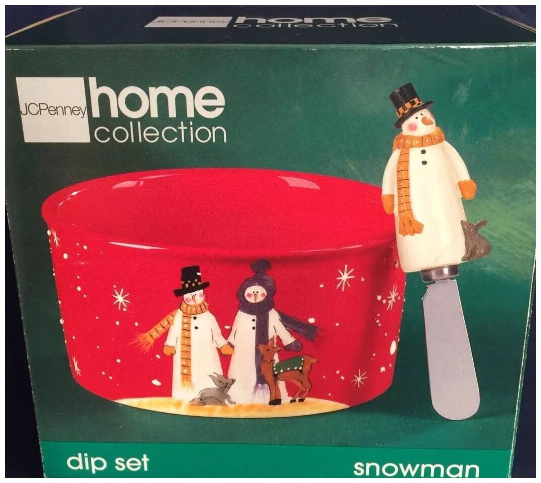 

New JcPenny Home Collection Christmas Snowman Dip Red Bowl Spreader Hand Painted