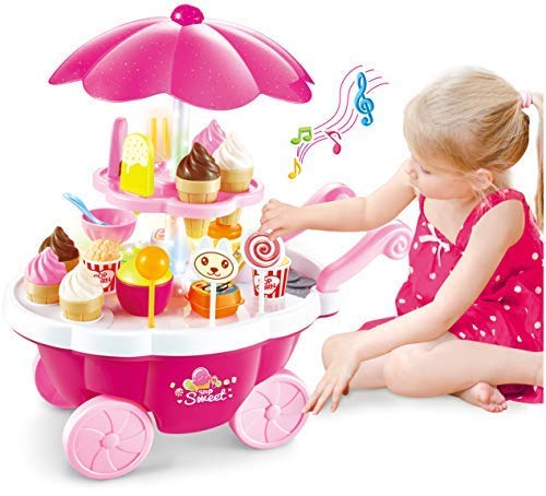 

New Pinch Sweet Shopping Battery Operated Ice Cream Trolley Pretend Roll Plastic Play Set with LED Lights and Music Learning and Educational Toy for Kids Pink