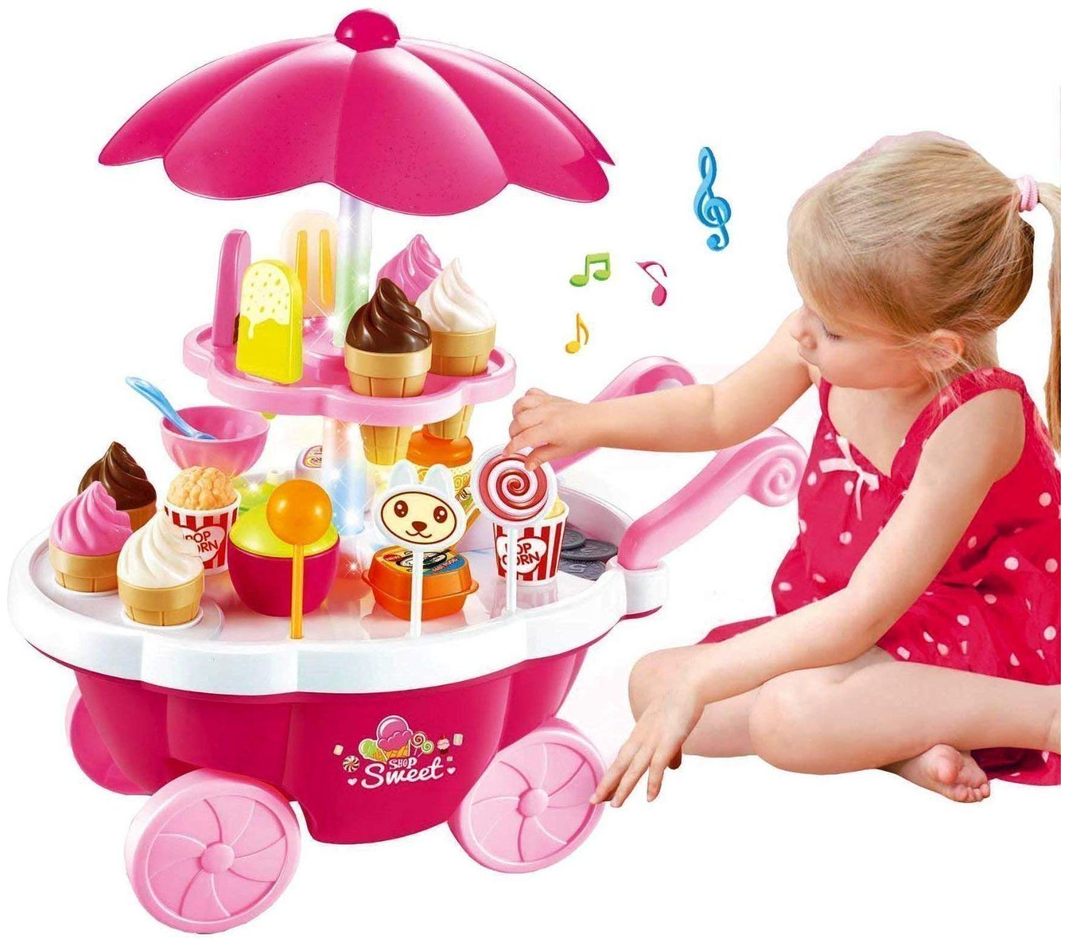 

New toy chehar enterprise Ice Cream Kitchen Play Cart Kitchen Set Toy with Lights and Music Pink