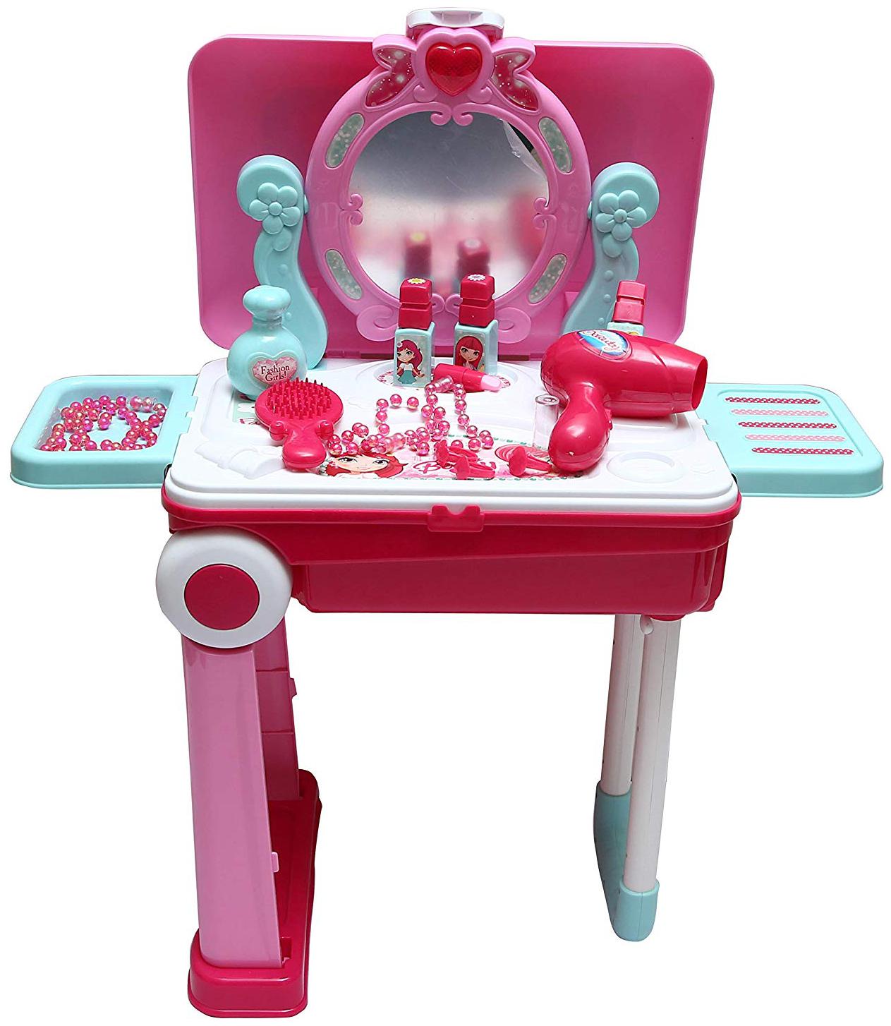 

New Toy Chehar Enterprise Princess Mirror Durable Dressing Vanity Portable Table up with Music Sound and Light Glamour Beauty Makeup Pretend Role Play Set Toy for Kids