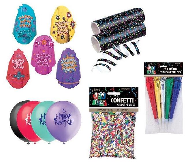 

New Years Party Pack 5 Hats 16 Balloons 1 bag of Confetti 6 Horns--2 serpentine
