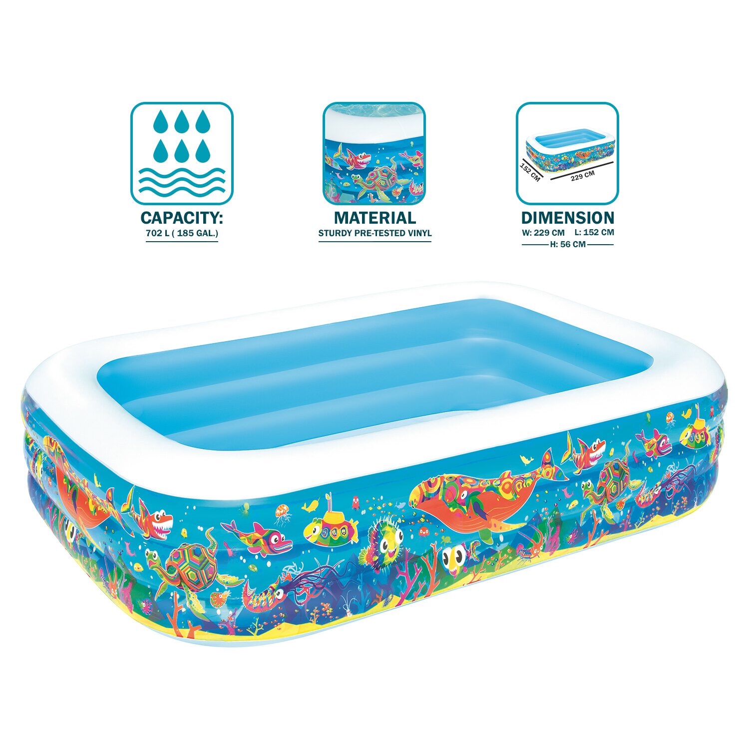 

NHR bestway inflatable kids fill n fun family pool play pool swimming pool lawn pool- 229cm x 152cm x 56cm- Multi color