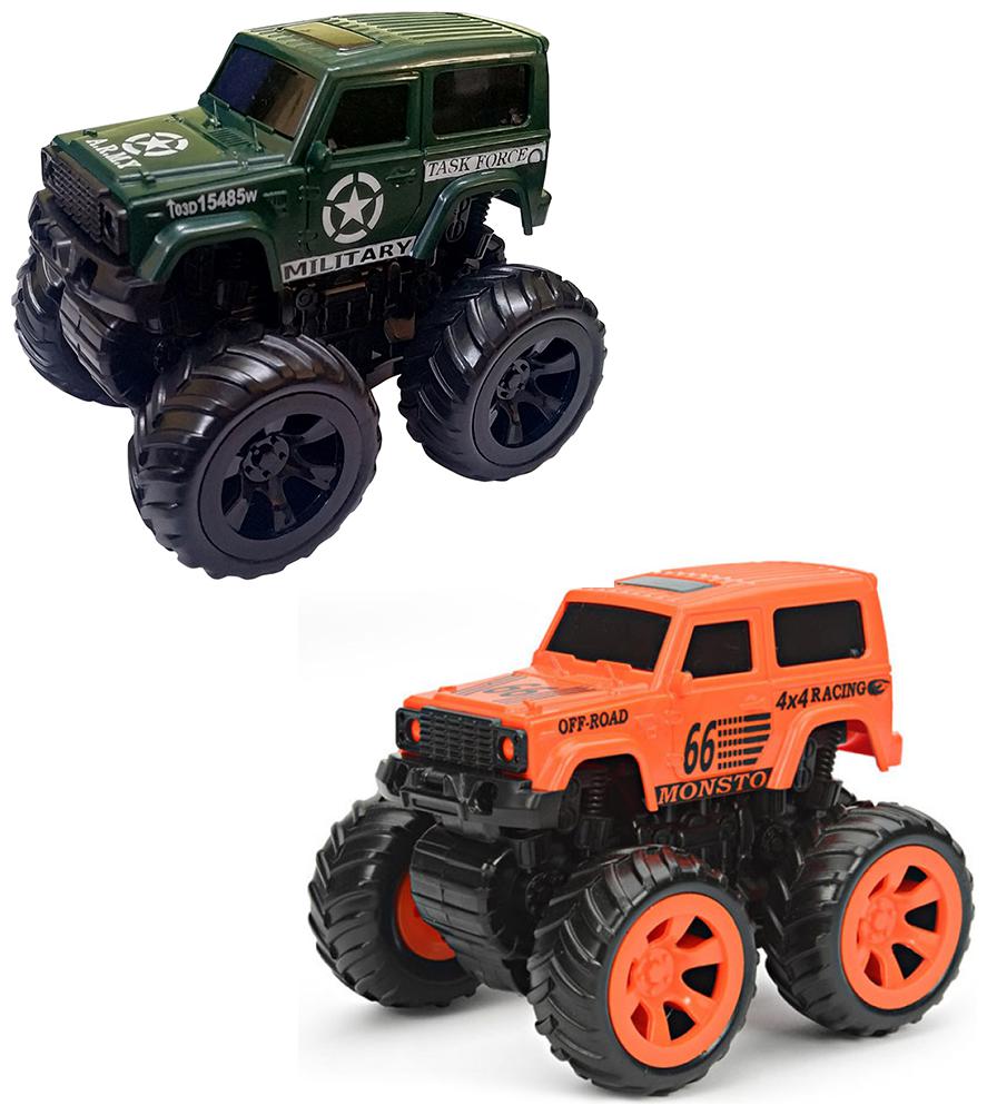 

NHR Combo Pack Of 2 Mini Friction Powered Unbreakable Cars For Kids Big Rubber Tires Pull Back Monster Toy Car For Baby Boys (Dark Green Orange)