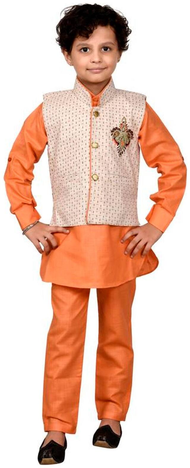 J D Creation Boy Cotton Solid Kurta pyjama set - Orange