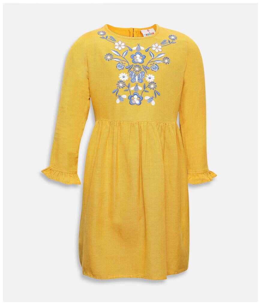 

Oxolloxo Yellow Viscose Full Sleeves Midi Collar Frock ( Pack of 1 )