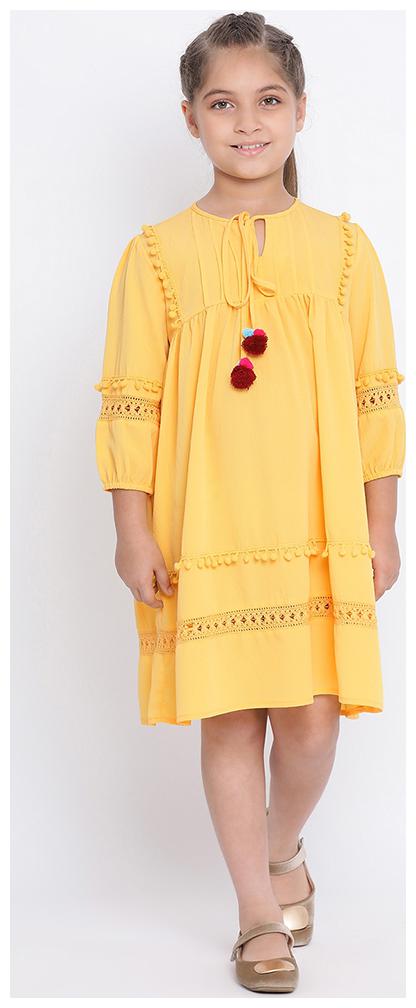 

OXOLLOXO Yellow Polyester 3 4th Sleeves Knee Length Princess Frock ( Pack of 1 )