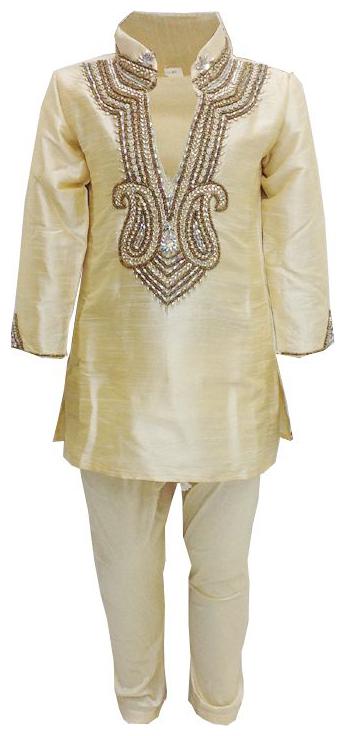 

P K GARMENTS Boy Silk Solid Kurta pyjama set - Gold