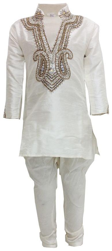 

P K GARMENTS Boy Silk Embellished Kurta pyjama set - Cream