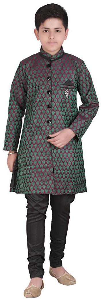 

P K GARMENTS Boy Raw silk Self design Sherwani - Green