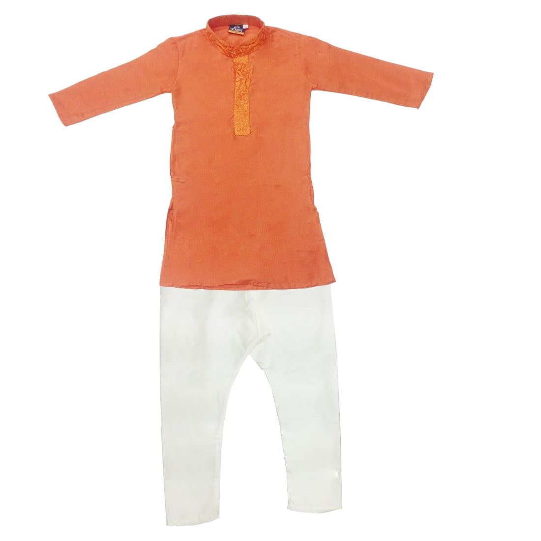 

P K GARMENTS Boy Cotton blend Solid Kurta pyjama set - Orange White
