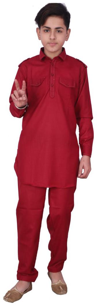 

P K GARMENTS Boy Cotton Solid Kurta pyjama set - Maroon