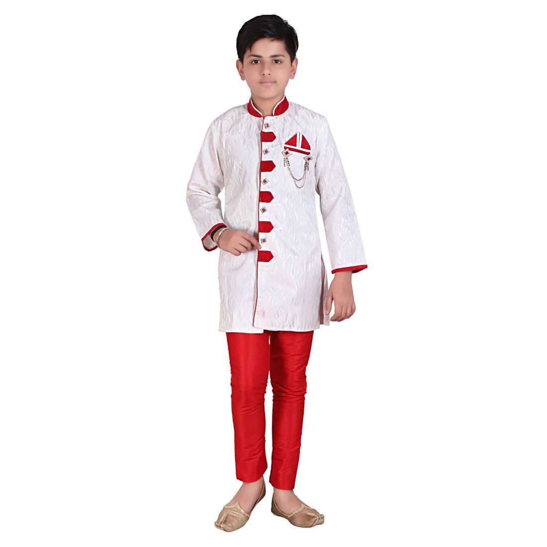 

P K GARMENTS Boy Raw silk Self design Sherwani - Maroon White