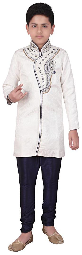

P K GARMENTS Boy Raw silk Self design Sherwani - Cream Black