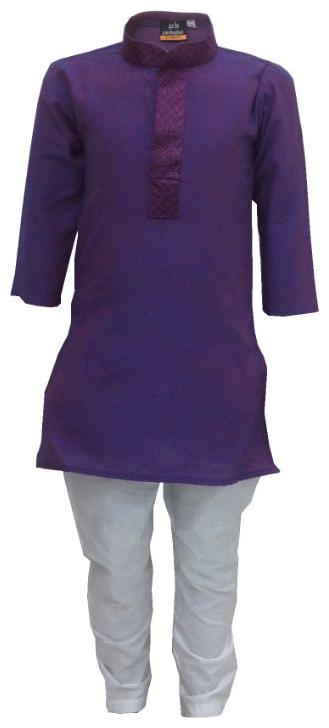 

P K GARMENTS Boy Cotton Solid Kurta pyjama set - Purple White