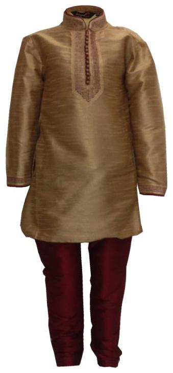 

P K GARMENTS Boy Raw silk Solid Kurta pyjama set - Brown Gold