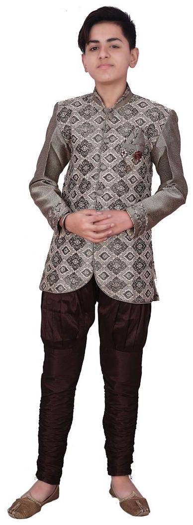 

P K GARMENTS Boy Raw silk Printed Sherwani - Brown Grey