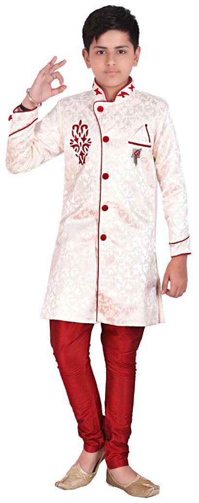 

P K GARMENTS Boy Raw silk Self design Sherwani - Cream Maroon