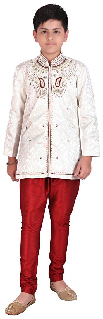 

P K GARMENTS Boy Raw silk Self design Sherwani - Cream Maroon
