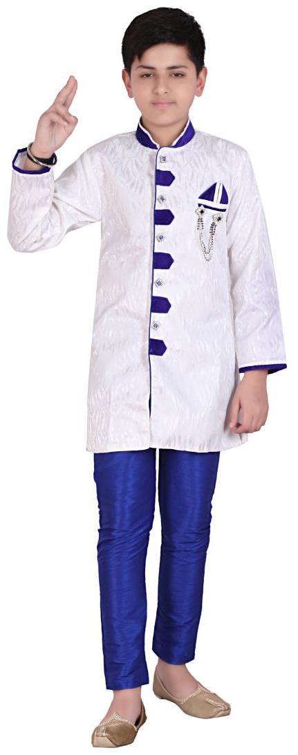 

P K GARMENTS Boy Raw silk Self design Sherwani - Blue White