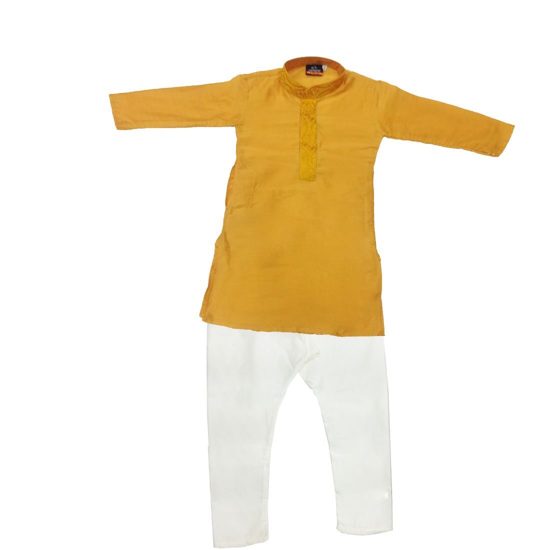

P K GARMENTS Boy Cotton blend Solid Kurta pyjama set - Yellow White