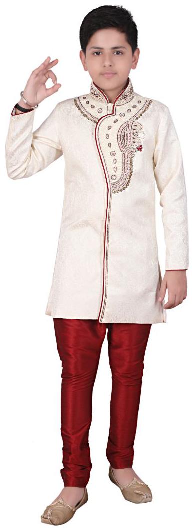 

P K GARMENTS Boy Raw silk Self design Sherwani - Brown Maroon