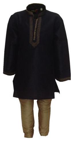 

P K GARMENTS Boy Raw silk Solid Kurta pyjama set - Black Gold
